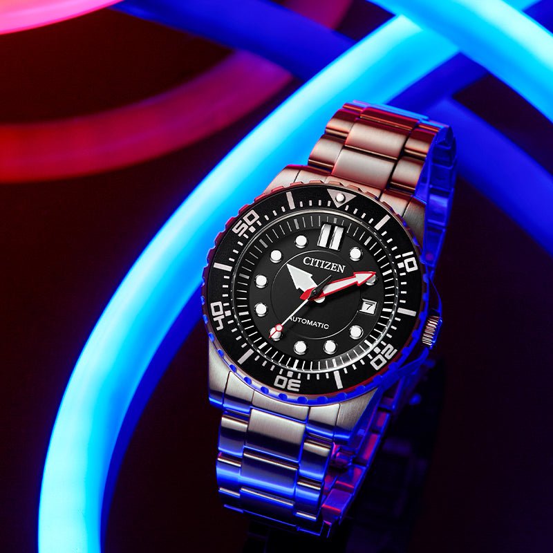 Citizen Mechanical Black Dial Silver Steel Strap Watch For Men - NJ0120-81E