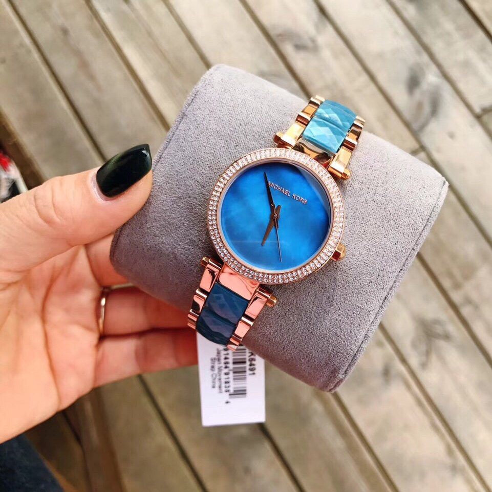 Michael Kors Parker Blue Mother of Pearl Dial Two Tone Steel Strap Watch for Women - MK6491