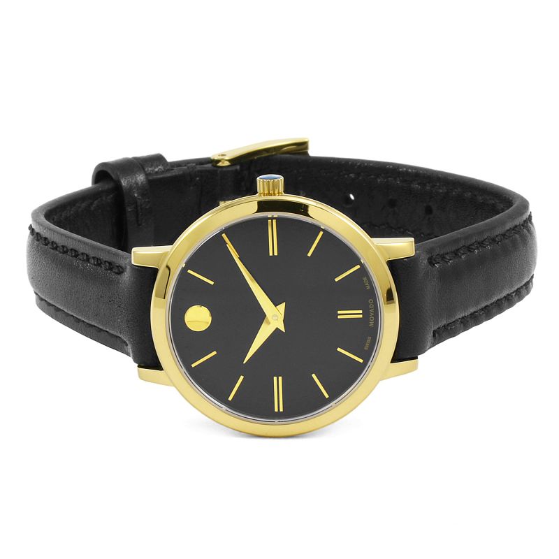 Movado Ultra Slim Black Dial Black Leather Strap Watch For Women - 0607095