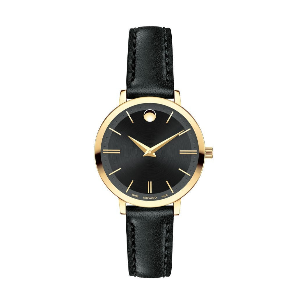 Movado Ultra Slim Black Dial Black Leather Strap Watch For Women - 0607095
