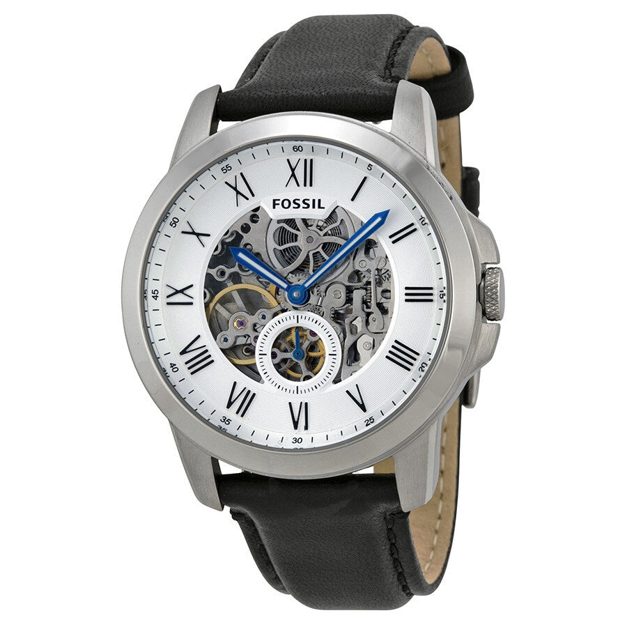 Fossil Grant Skeleton White Dial Black Leather Strap Watch for Men - ME3053