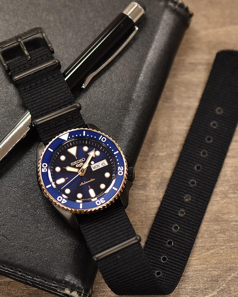 Seiko 5 Sports Automatic Blue Dial Black NATO Strap Watch for Men - SBSA098