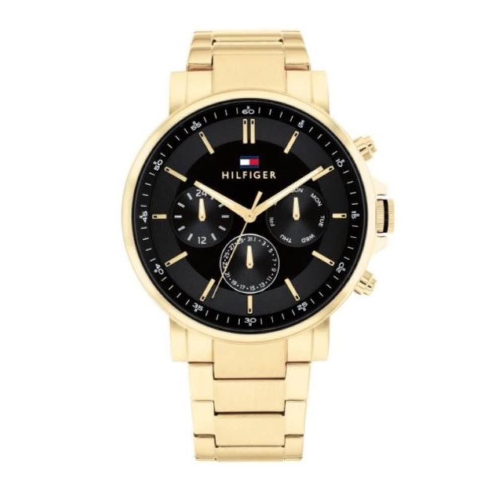 Tommy Hilfiger Tyson Chronograph Black Dial Gold Steel Strap Watch For Men - 1710589