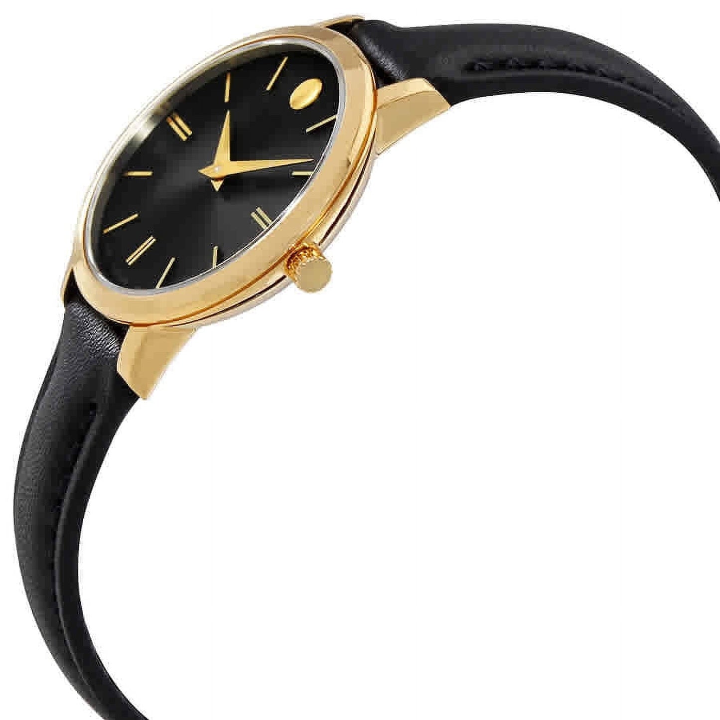 Movado Ultra Slim Black Dial Black Leather Strap Watch For Women - 0607095