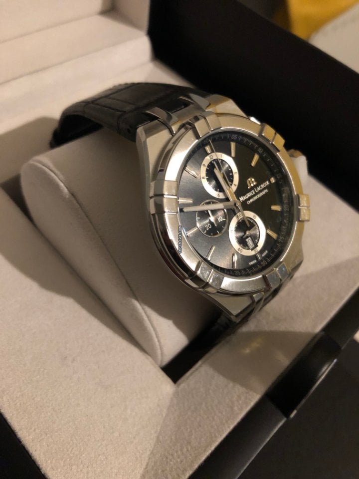 Maurice Lacroix Aikon Chronograph Black Dial Black Leather Strap Watch for Men - AI1018-SS001-330-1