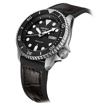 Seiko 5 Sports SKX Automatic Black Dial Black Leather Strap Watch for Men - SRPD55K2