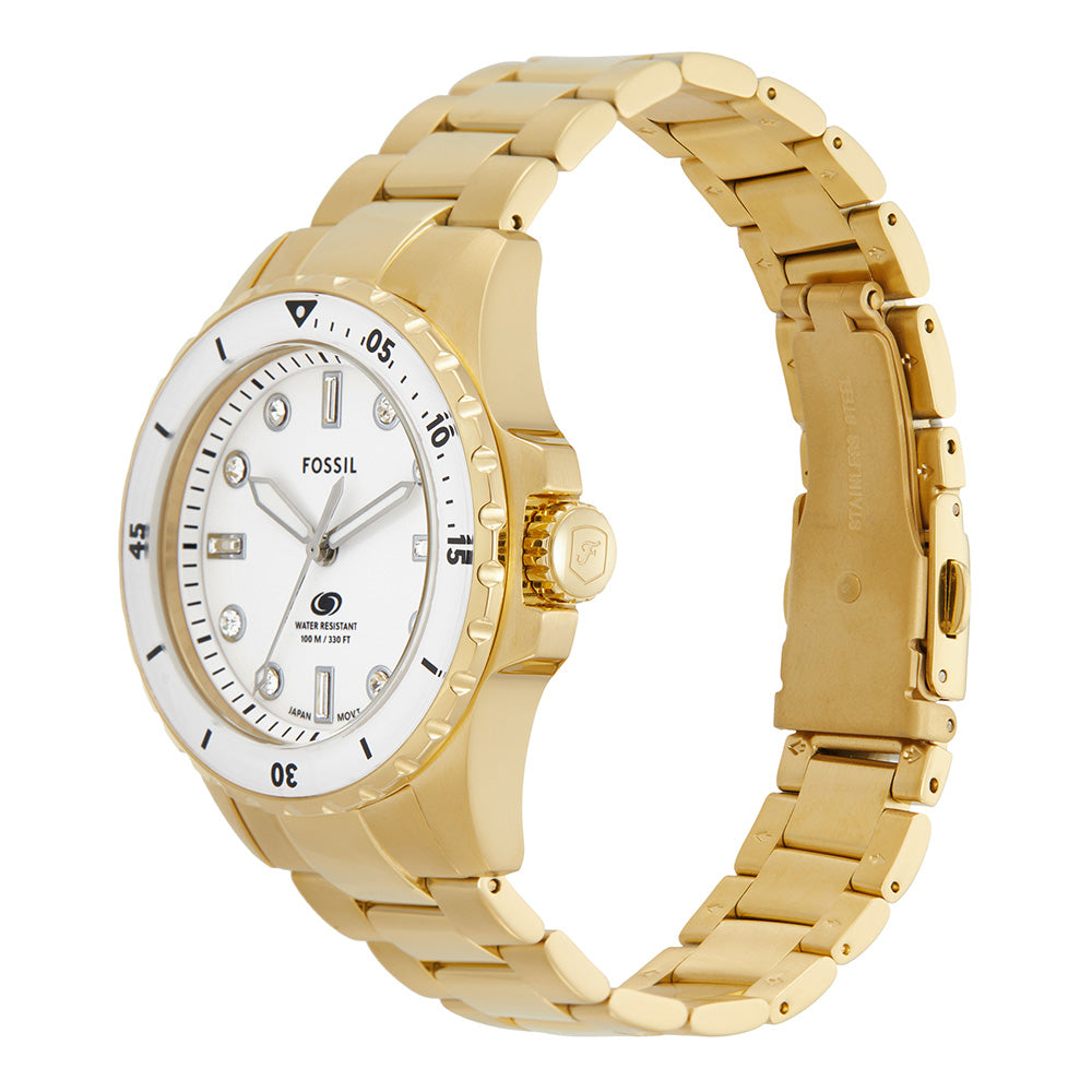 Fossil Blue Dive Three Hand White Dial Gold Steel Strap Watch For Women - ES5350