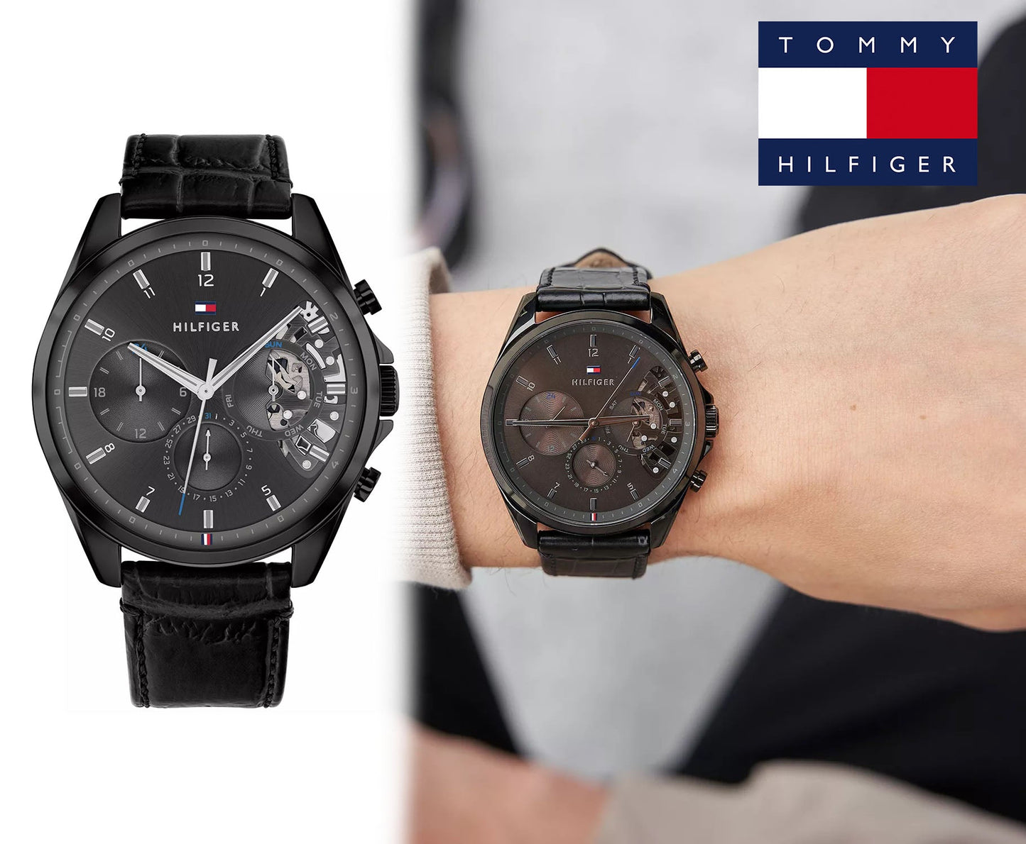 Tommy Hilfiger Baker Chronograph Black Dial Black Leather Strap Watch For Men - 1710452