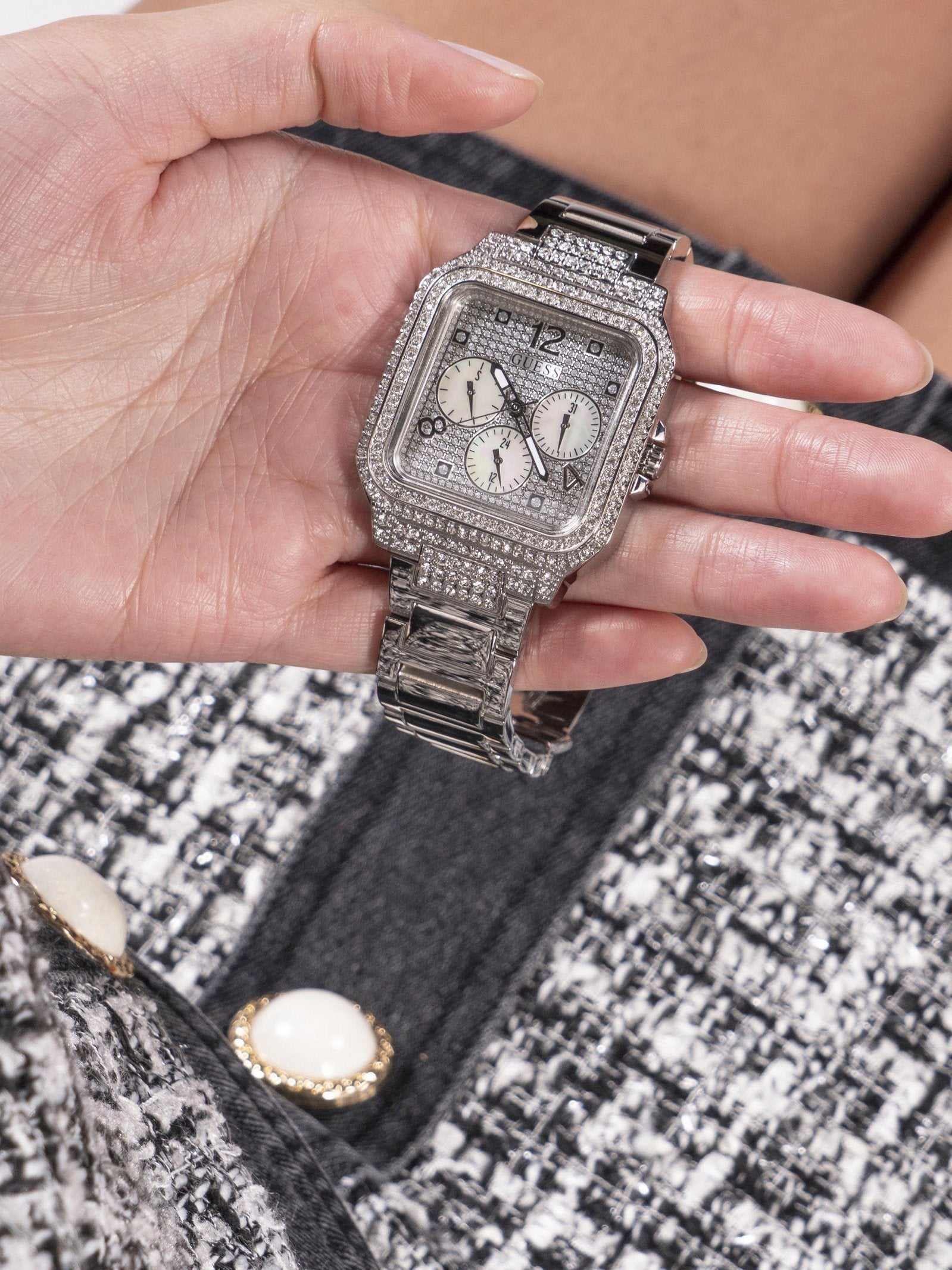 Guess Deco Multifunction Quartz Silver Dial Silver Steel Strap Watch For Women - GW0472L1