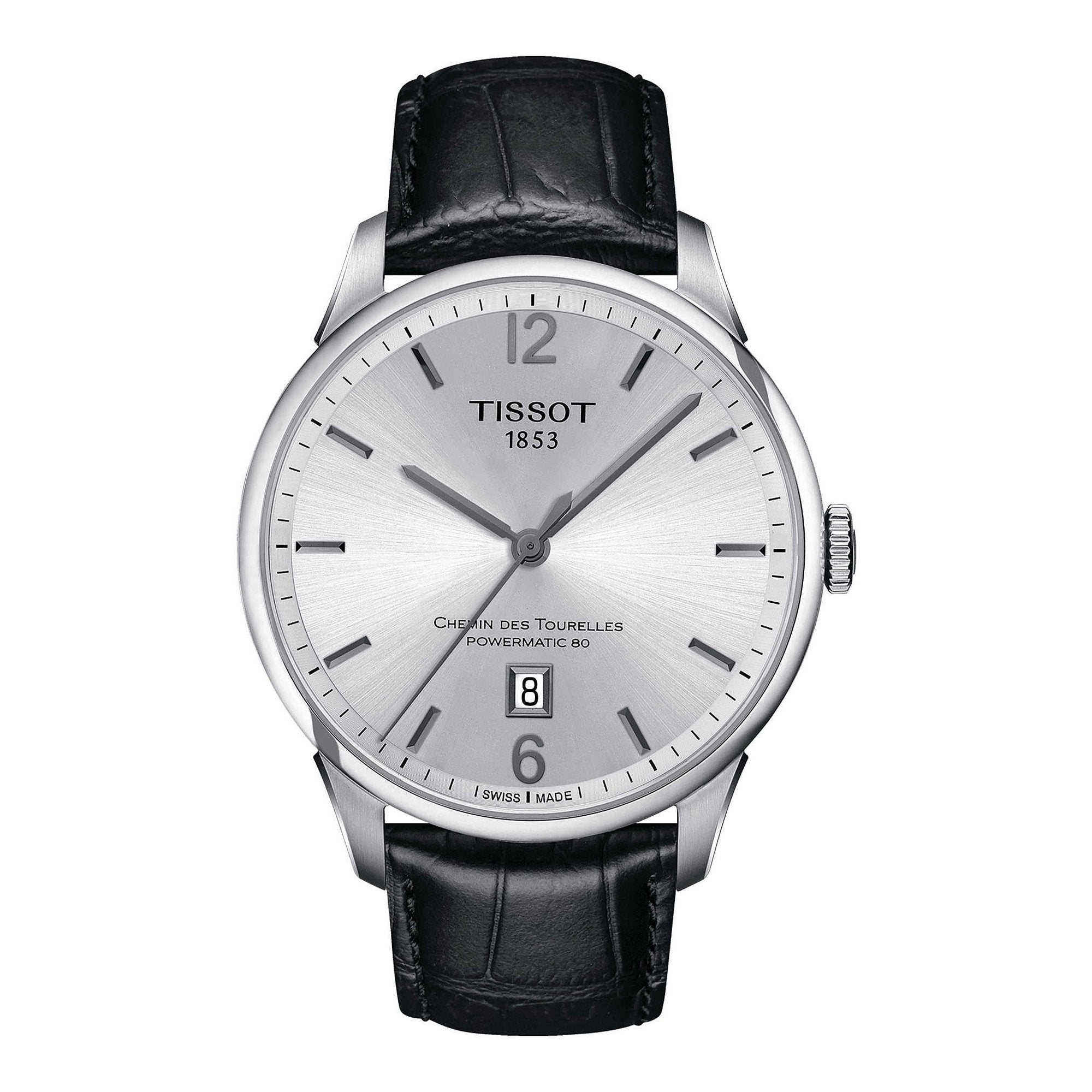 Tissot Chemin Des Tourelles Powermatic 80 Silver Dial Black Leather Strap Watch For Men - T099.407.16.037.00