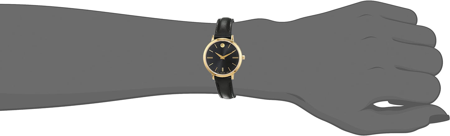 Movado Ultra Slim Black Dial Black Leather Strap Watch For Women - 0607095
