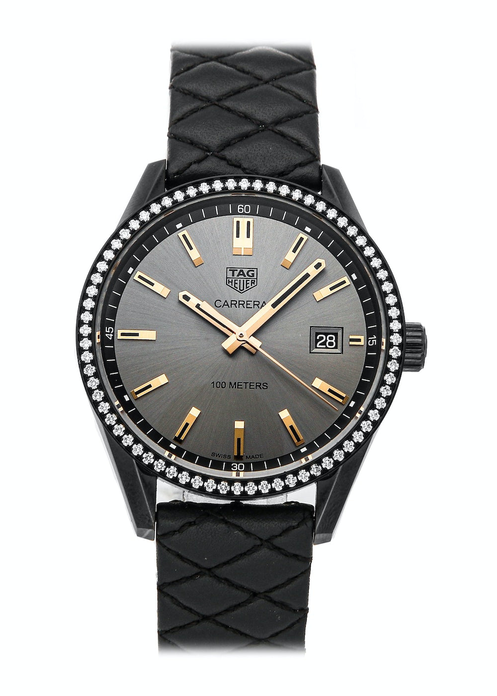 Tag Heuer Carrera Diamonds Anthracite Black Dial Black Leather Strap Watch for Women - WAR1115.FC6392