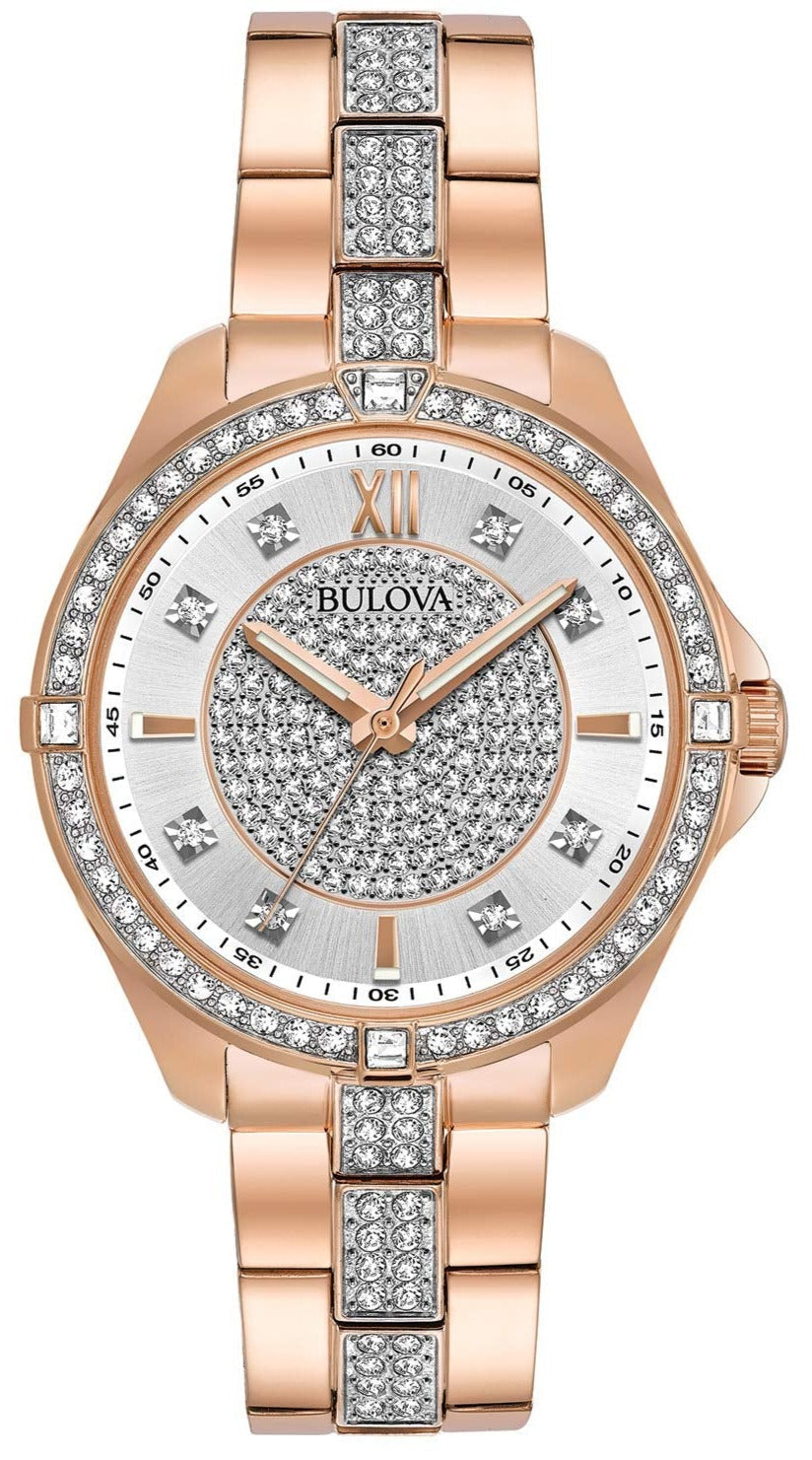 Bulova Crystal Collection Silver Dial Rose Gold Steel Strap Watch for Women - 98L229