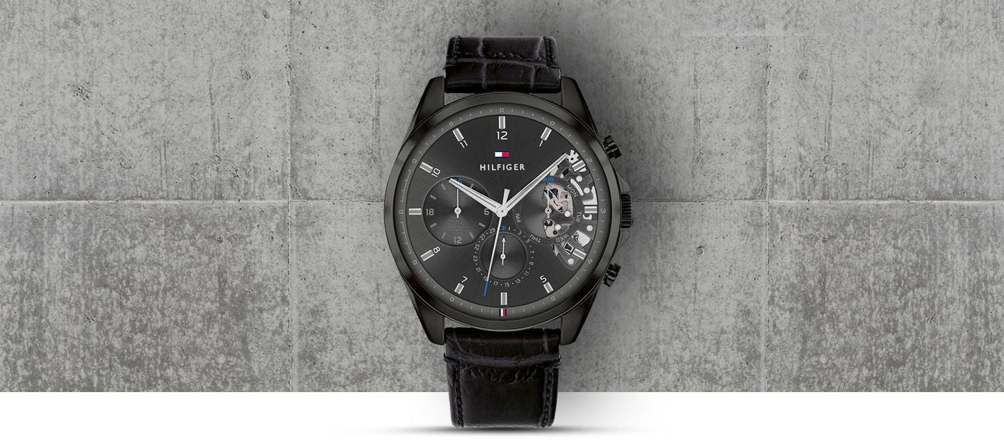 Tommy Hilfiger Baker Chronograph Black Dial Black Leather Strap Watch For Men - 1710452