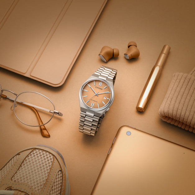 Citizen Tsuyosa Automatic Salmon Orange Dial Silver Steel Strap Watch For Men - NJ0159-86Z