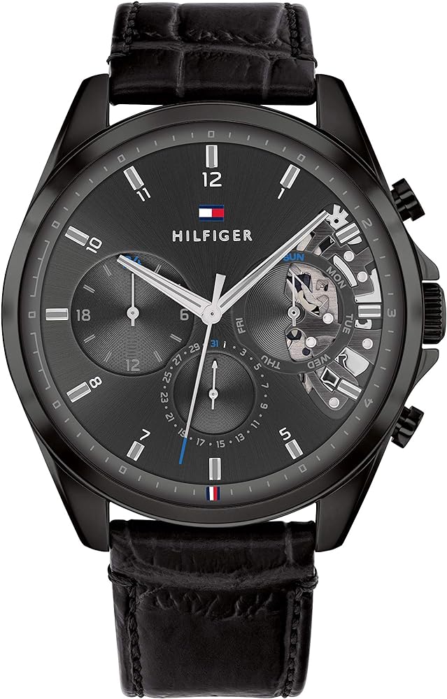Tommy Hilfiger Baker Chronograph Black Dial Black Leather Strap Watch For Men - 1710452