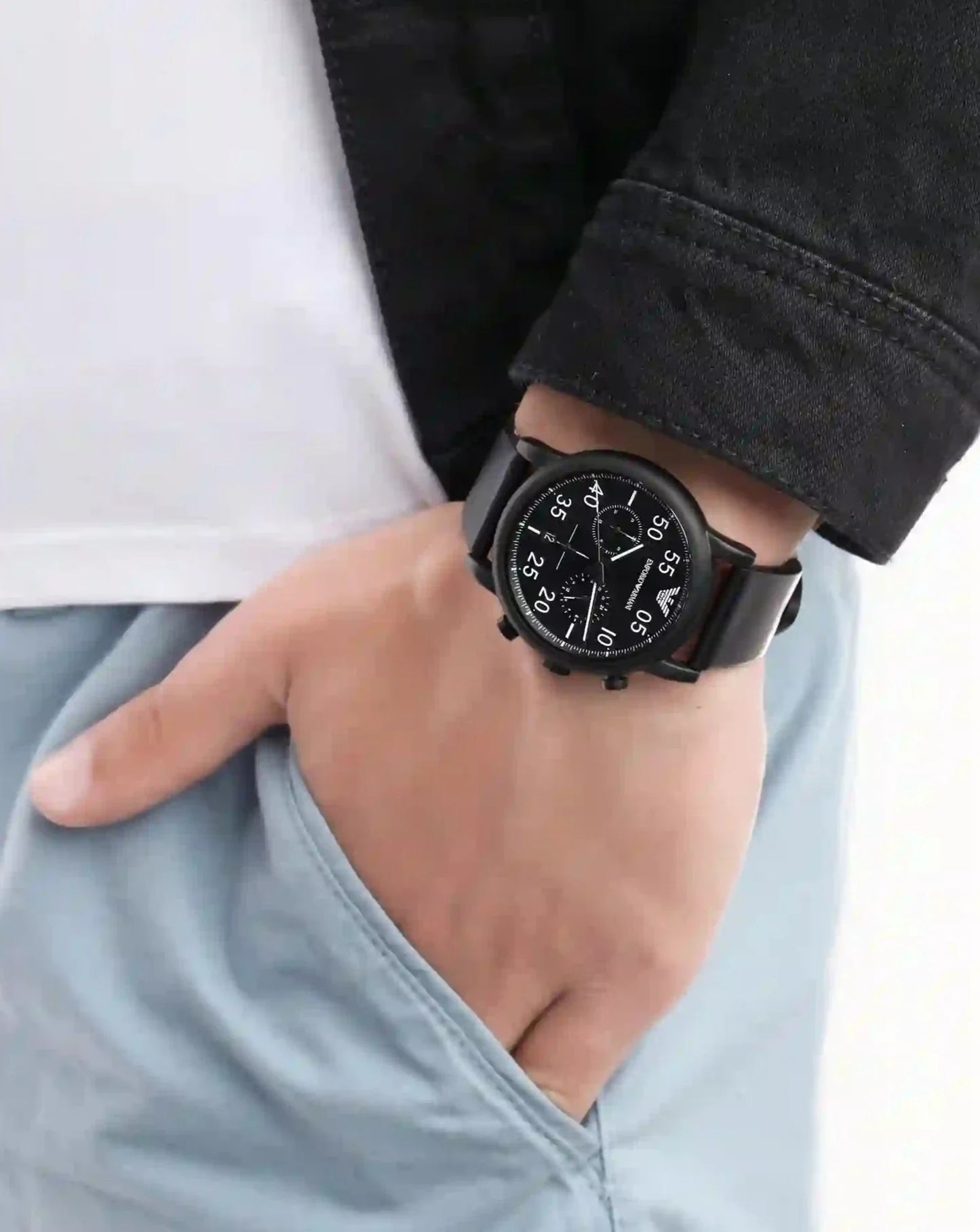 Emporio Armani Luigi Chronograph Black Dial Black Leather Strap Watch For Men - AR11133
