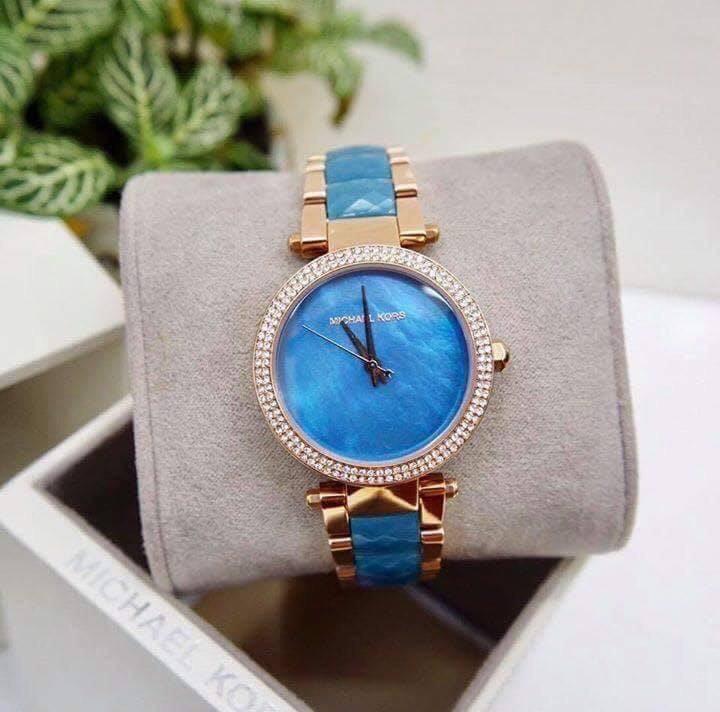 Michael Kors Parker Blue Mother of Pearl Dial Two Tone Steel Strap Watch for Women - MK6491