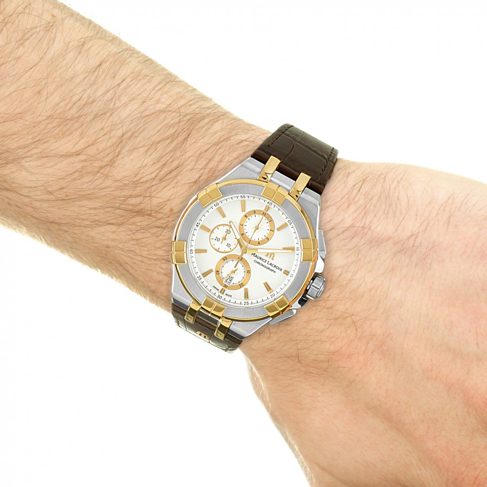 Maurice Lacroix Aikon Chronograph White Dial Brown Leather Strap Watch For Men - AI1018-PVY11-132-1