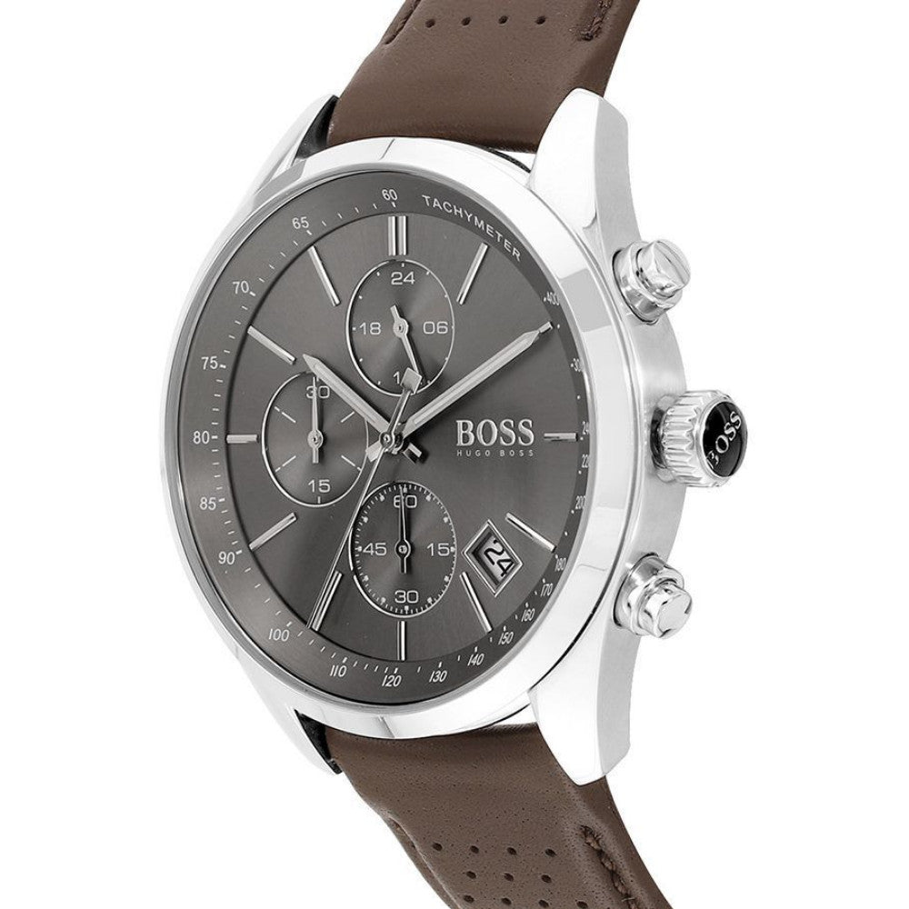 Hugo Boss Grand Prix Grey Dial Brown Leather Strap Watch for Men - 1513476