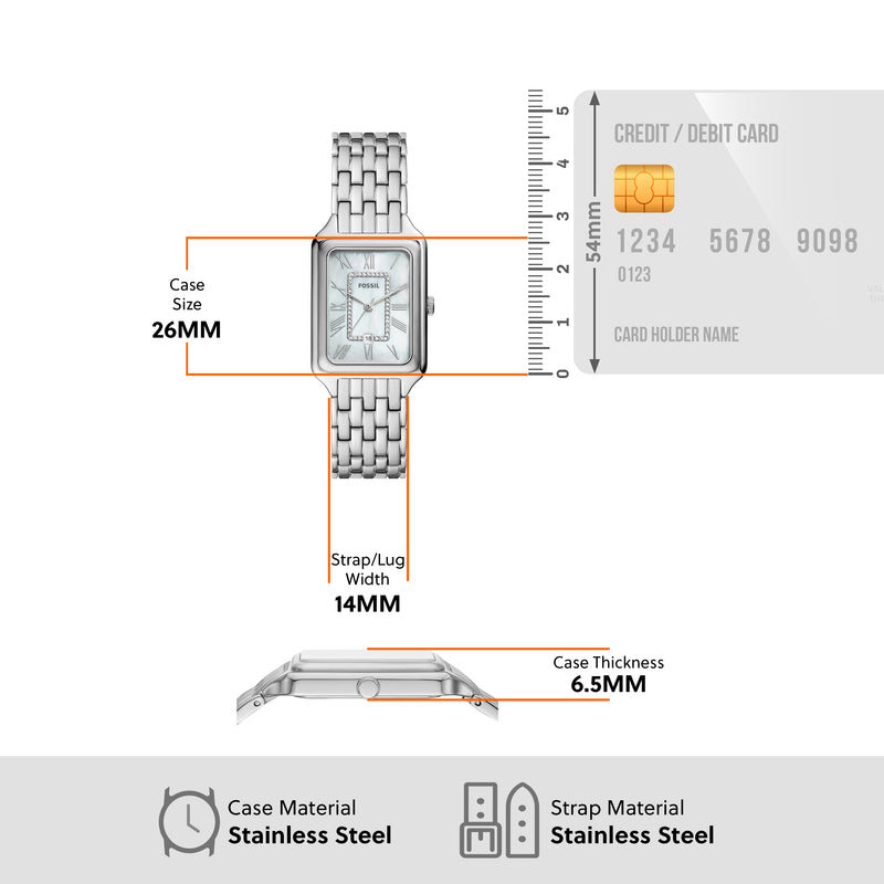 Fossil Raquel Three Hand Date Mother of Pearl Dial Silver Steel Strap Watch for Women - ES5306