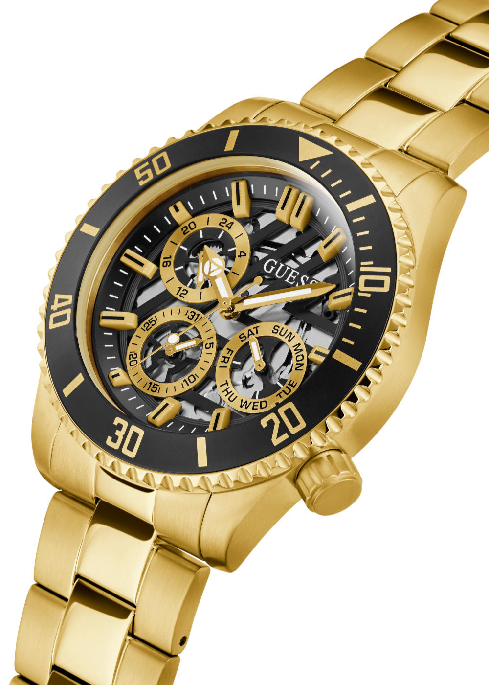 Guess Axle Multifunction Black Dial Gold Steel Strap Watch For Men - GW0488G2