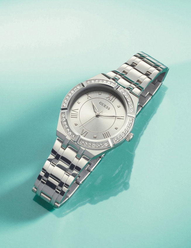 Guess Cosmo Diamonds Silver Dial Silver Steel Strap Watch For Women - GW0033L1