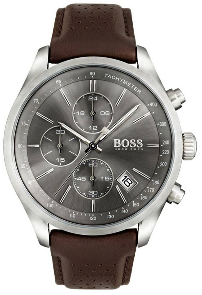 Hugo Boss Grand Prix Grey Dial Brown Leather Strap Watch for Men - 1513476