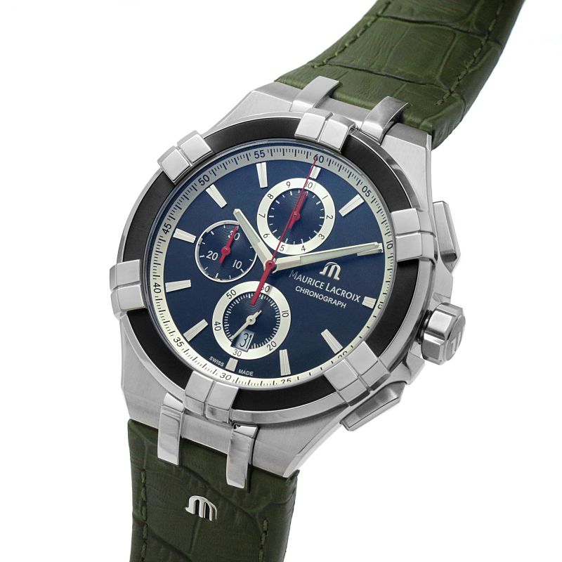 Maurice Lacroix Aikon Chronograph Black Dial Green Leather Strap Watch for Men - AI1018-PVB21-330-1