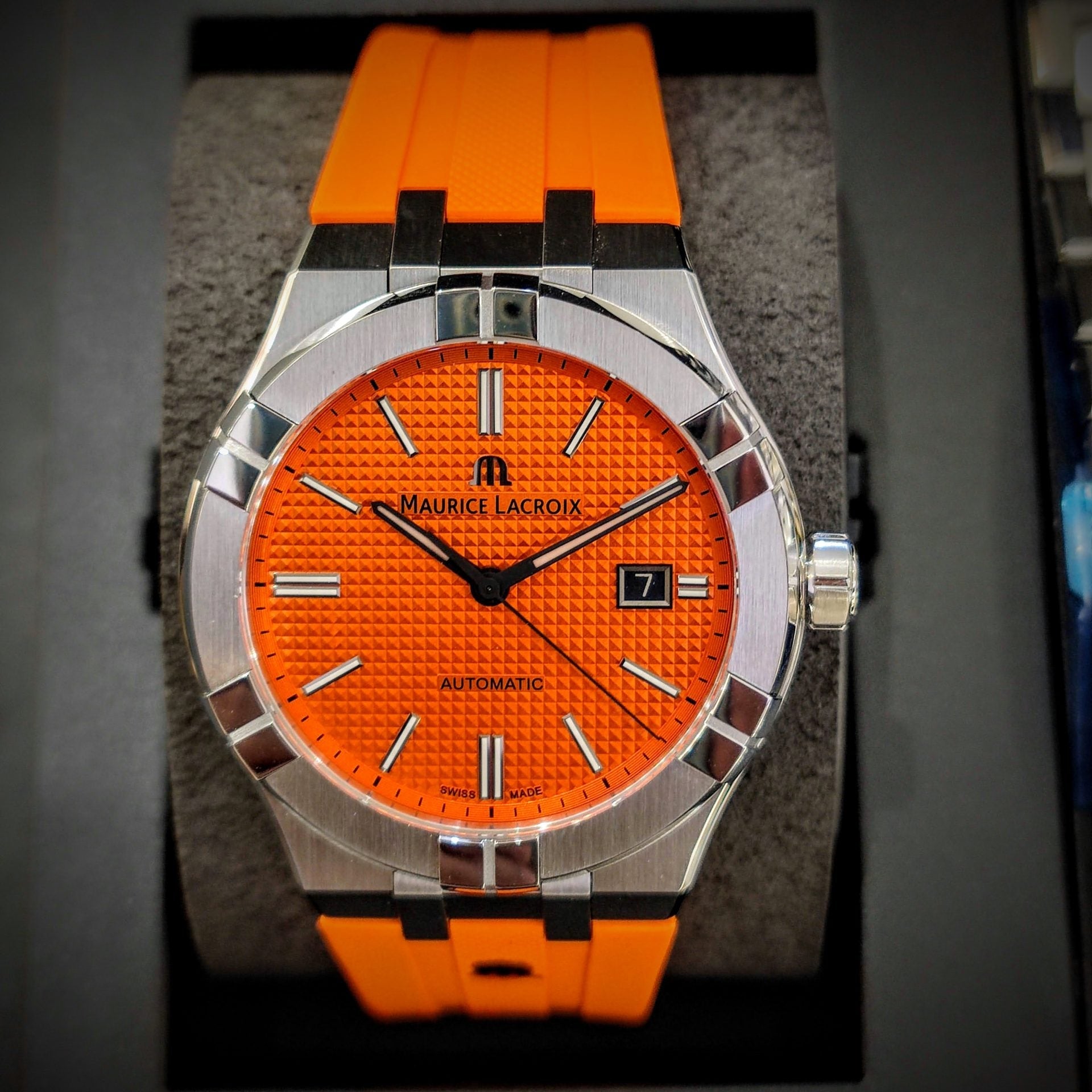 Maurice Lacroix Aikon Automatic Date Orange Dial Silver Steel Strap Watch For Men - AI6008-SS00F-530-E