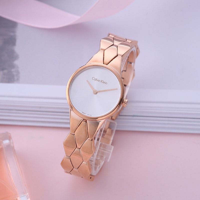 Calvin Klein Snake Silver Dial Rose Gold Steel Strap Watch For Women - K6E23646