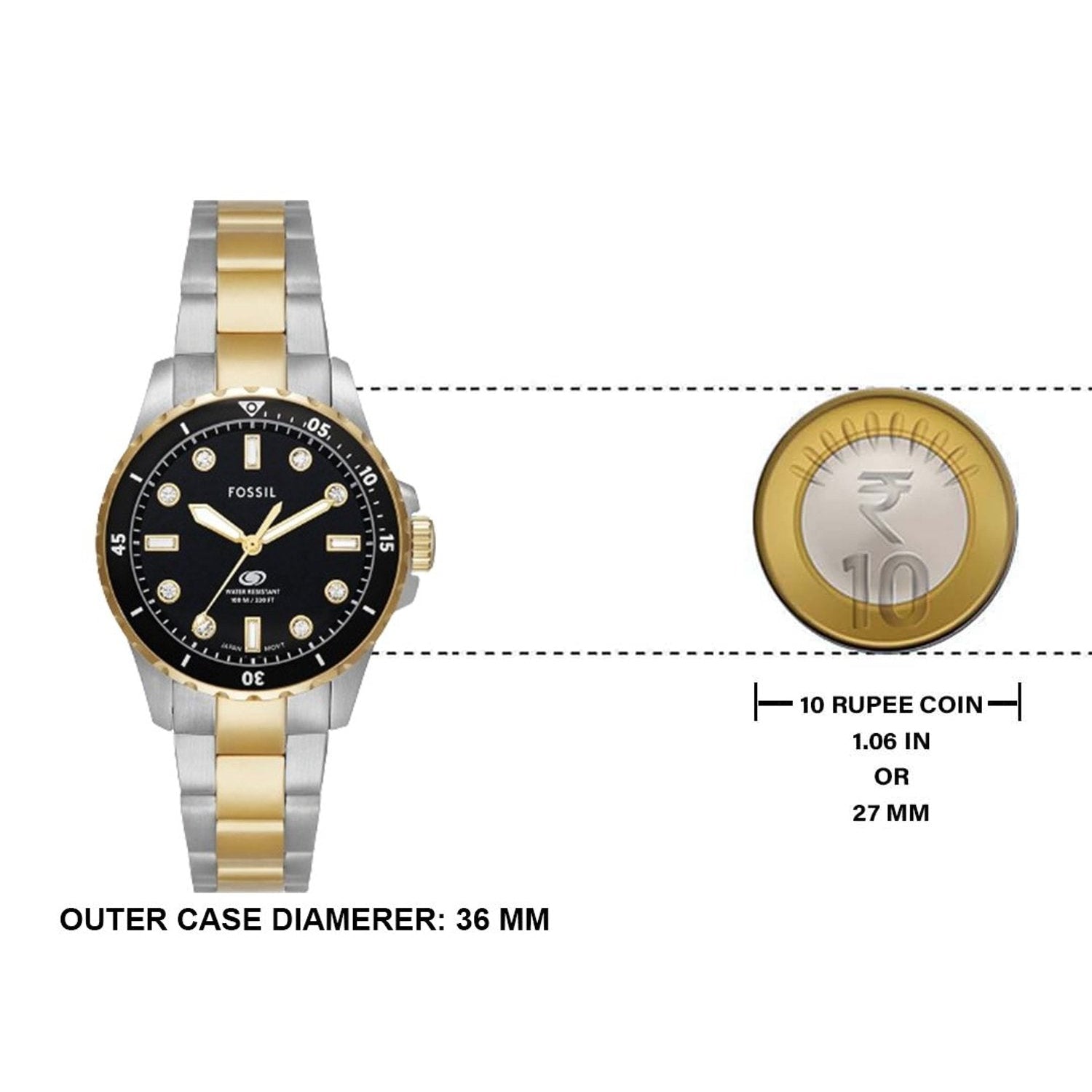 Fossil Blue Dive Three Hand Black Dial Two Tone Steel Strap Watch For Women - ES5349