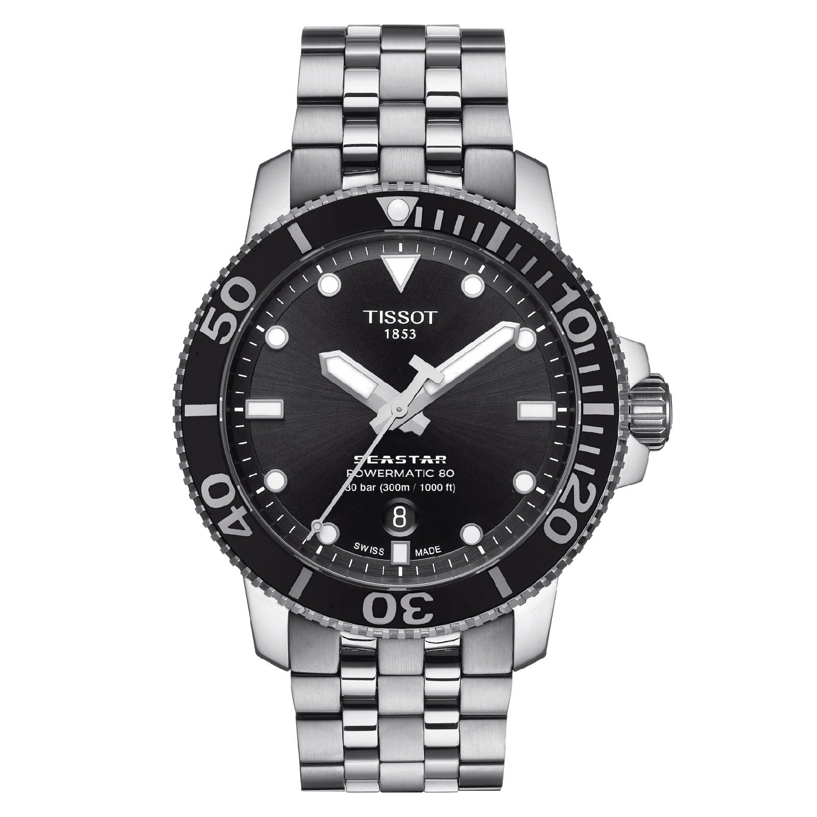 Tissot Seastar 1000 Powermatic 80 Black Dial Silver Steel Strap Watch For Men - T120.407.11.051.00