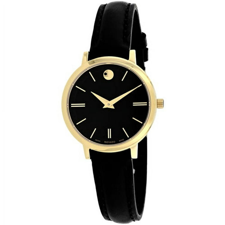 Movado Ultra Slim Black Dial Black Leather Strap Watch For Women - 0607095