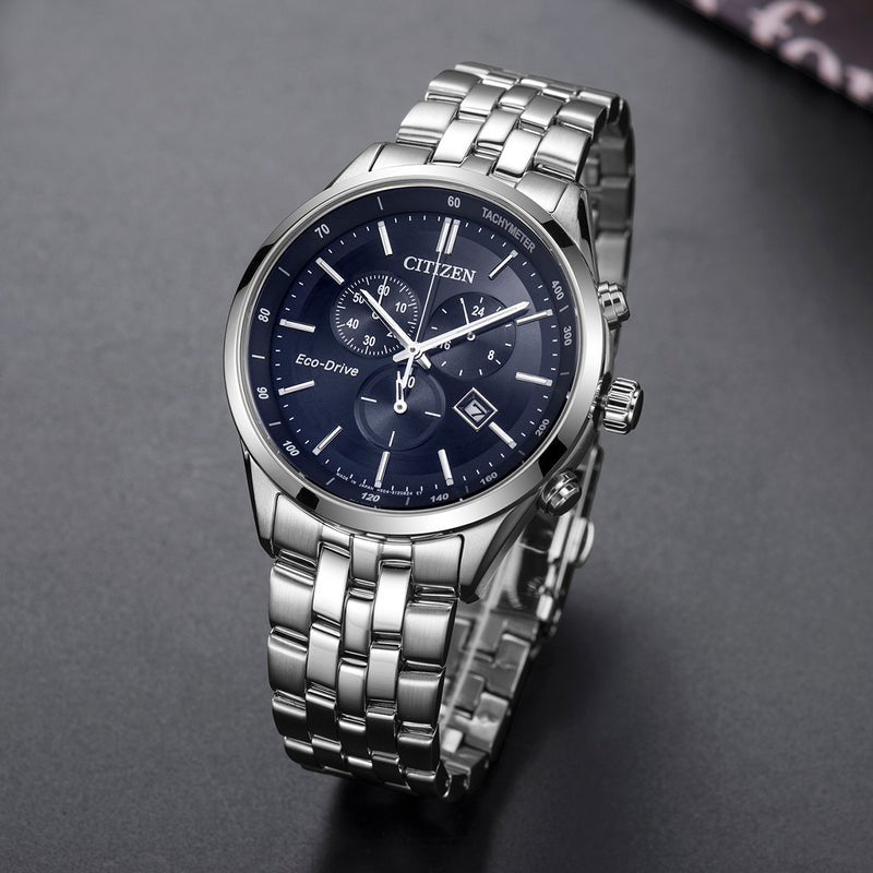 Citizen Eco Drive Chronograph Blue Dial Silver Steel Strap Watch For Men - AT2140-55L