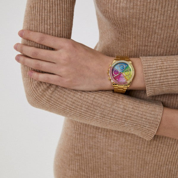 Guess Confetti Chronograph Rainbow Dial Gold Steel Strap Watch For Women - GW0483L4