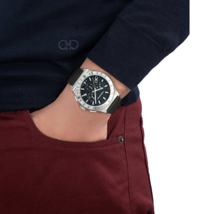 Salvatore Ferragamo 1927 Chrono Analog Black Dial Black Leather Strap Watch for Men - SFKZ00123