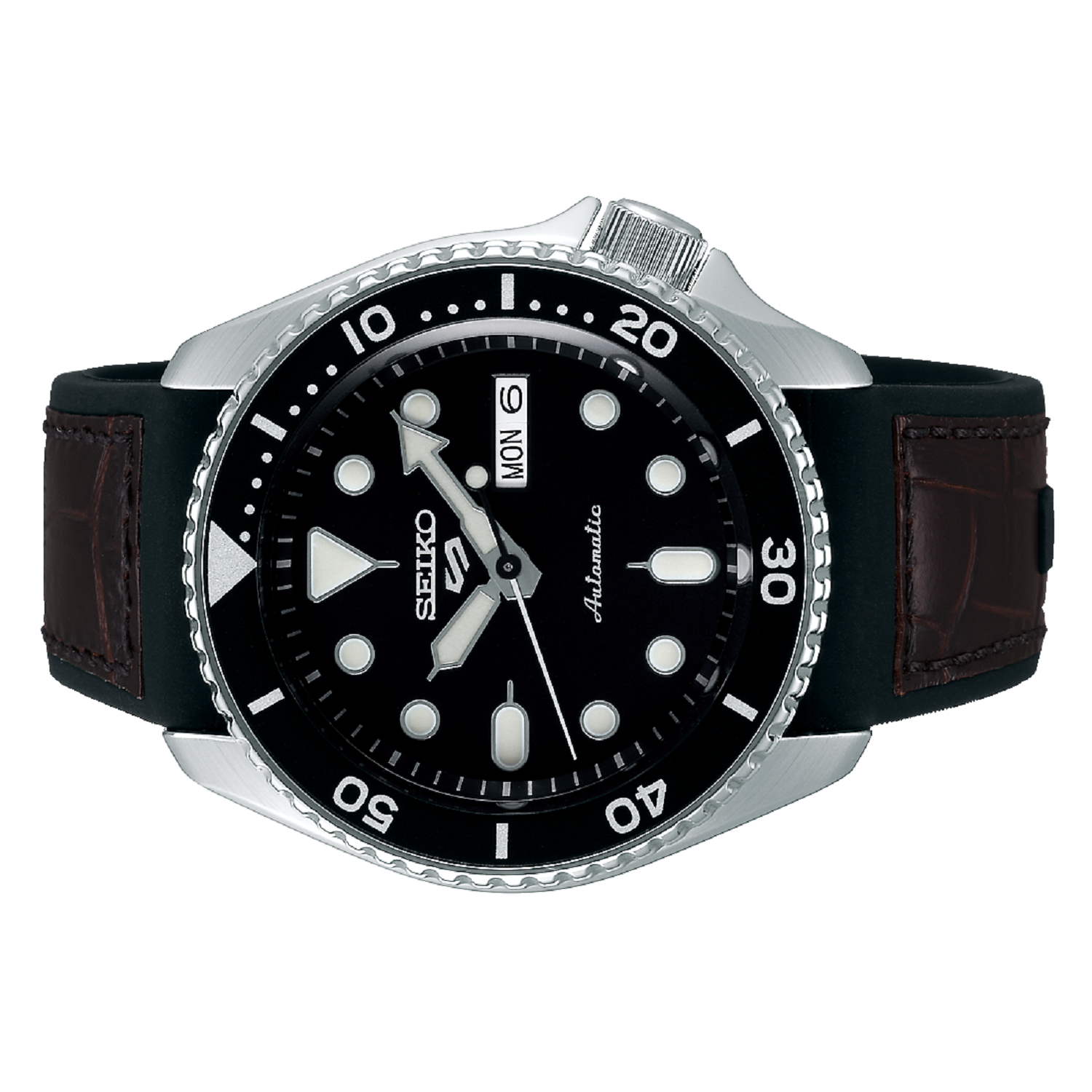 Seiko 5 Sports SKX Automatic Black Dial Black Leather Strap Watch for Men - SRPD55K2