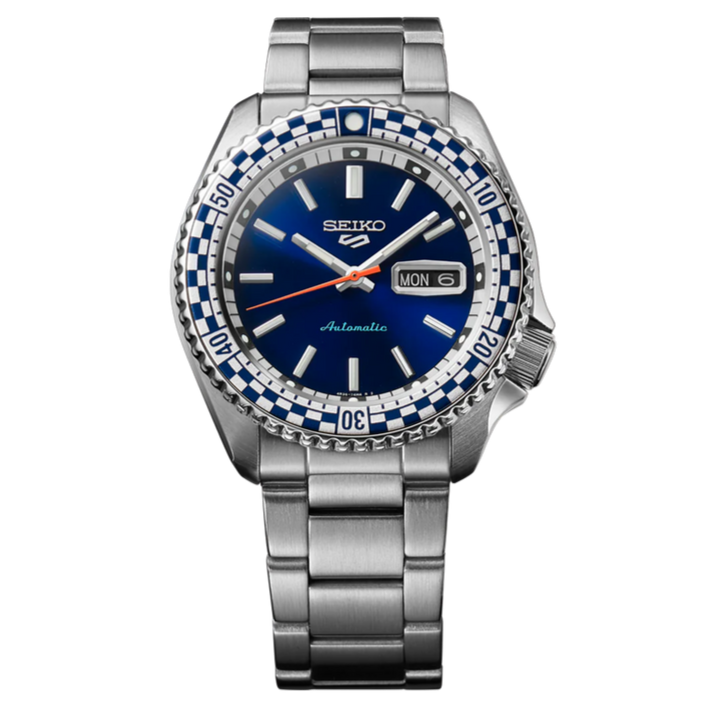 Seiko 5 Sports Petrol Blue Checker Flag Special Edition Blue Dial Silver Steel Strap Watch For Men - SRPK65K1