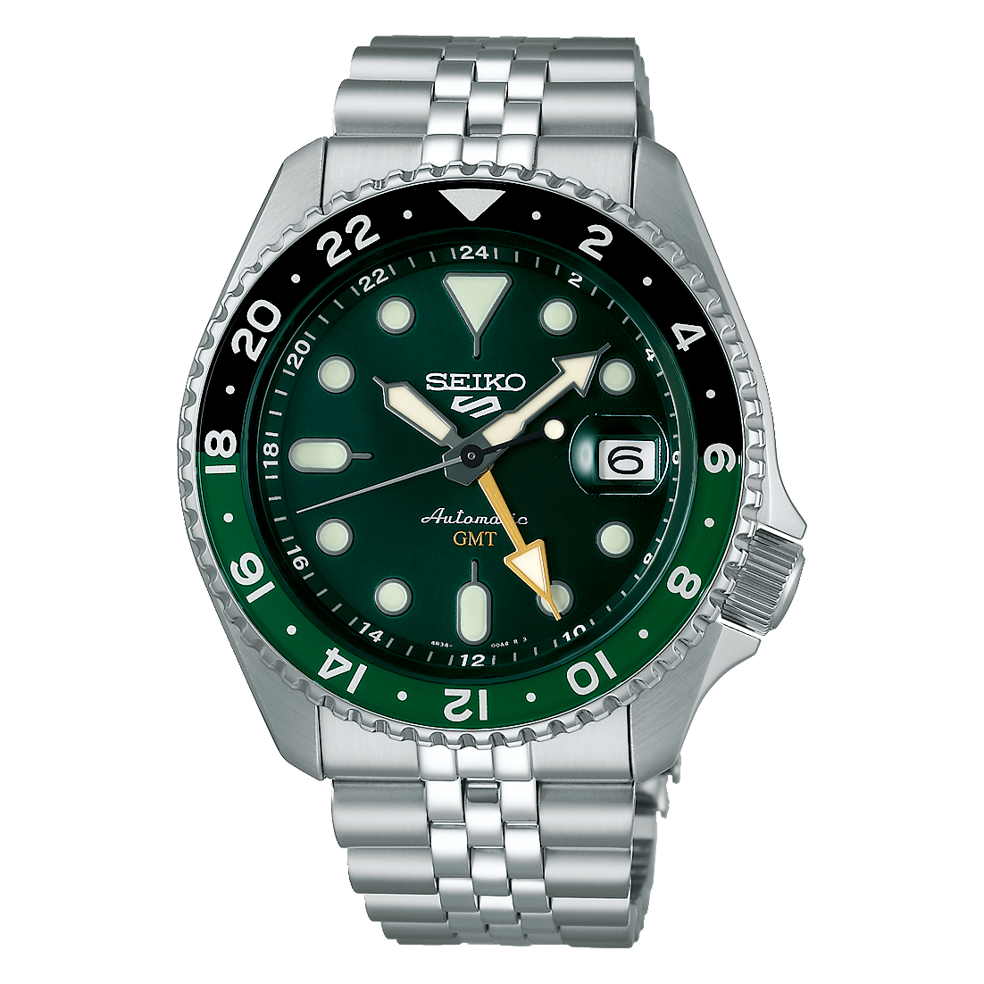 Seiko 5 Sports SKX GMT Automatic Green Dial Silver Steel Strap Watch For Men - SSK035K1