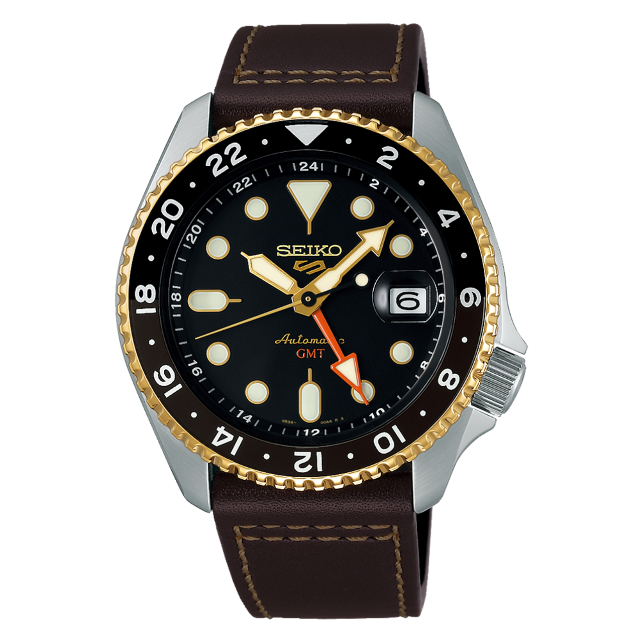 Seiko 5 Sports SKX GMT Automatic Mocha Black Dial Brown Leather Strap Watch For Men - SSK036K1