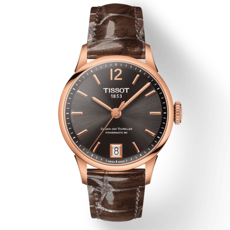 Tissot Chemin Des Tourelles Powermatic 80 Lady Brown Dial Brown Leather Strap Watch For Women - T099.207.36.447.00