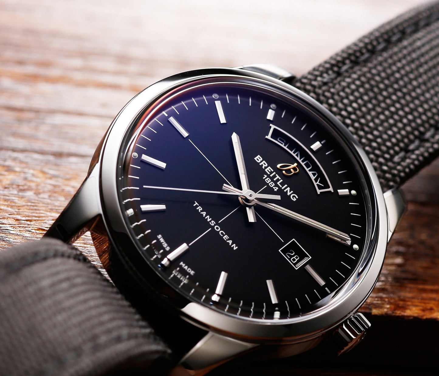 Breitling Transocean Day & Date 43mm Black Dial Black Nylon Strap Mens Watch - A4531012/BB69/109W/A20 BA.1