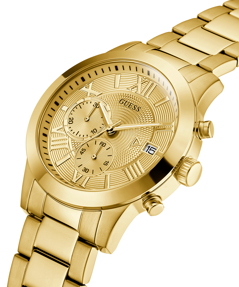 Guess Atlas Chronograph Gold Dial Gold Steel Strap Watch For Men - W0668G4