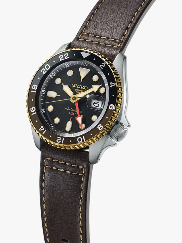 Seiko 5 Sports SKX GMT Automatic Mocha Black Dial Brown Leather Strap Watch For Men - SSK036K1
