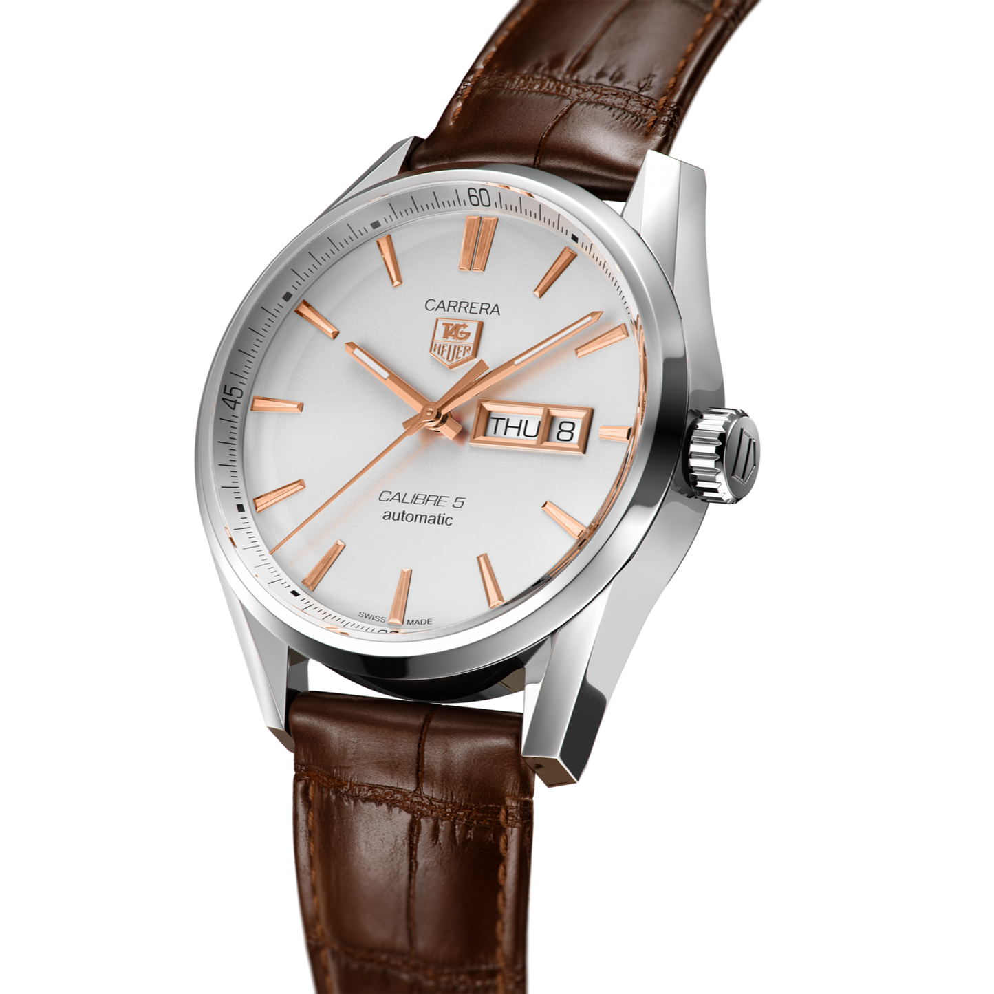 Tag Heuer Carrera Calibre 5 Automatic White Dial Brown Leather Strap Watch for Men - WAR201D.FC6291
