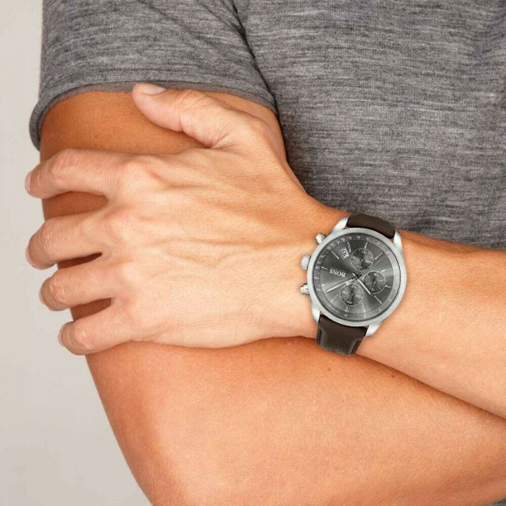 Hugo Boss Grand Prix Grey Dial Brown Leather Strap Watch for Men - 1513476
