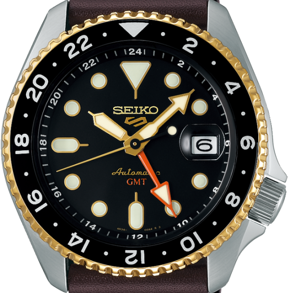Seiko 5 Sports SKX GMT Automatic Mocha Black Dial Brown Leather Strap Watch For Men - SSK036K1