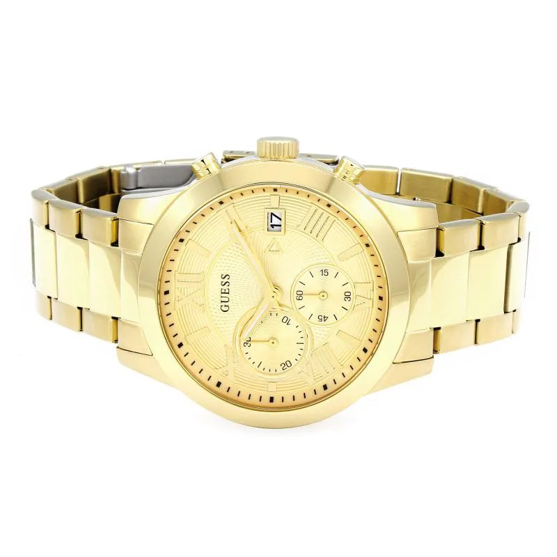 Guess Atlas Chronograph Gold Dial Gold Steel Strap Watch For Men - W0668G4