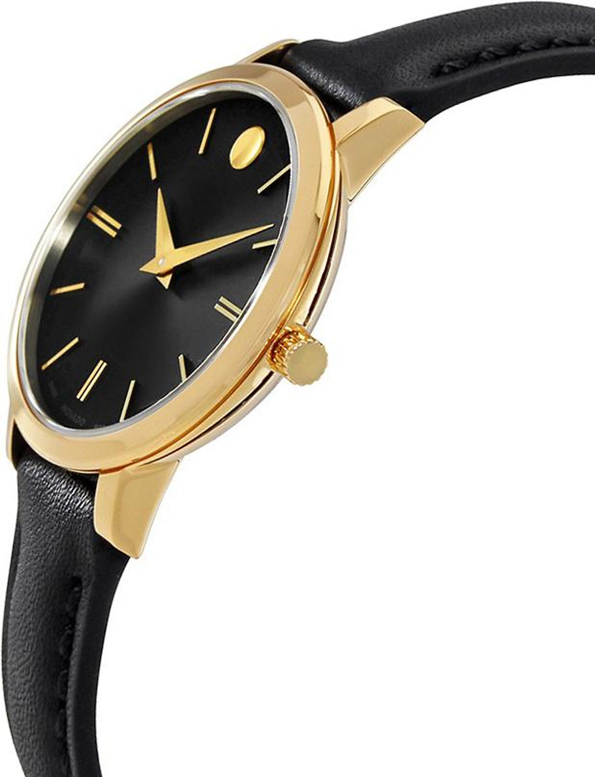 Movado Ultra Slim Black Dial Black Leather Strap Watch For Women - 0607095